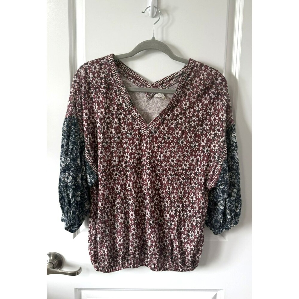 Lucky Brand Floral Red Black vneck Peasant Blouse S Balloon sleeve Boho NWOT